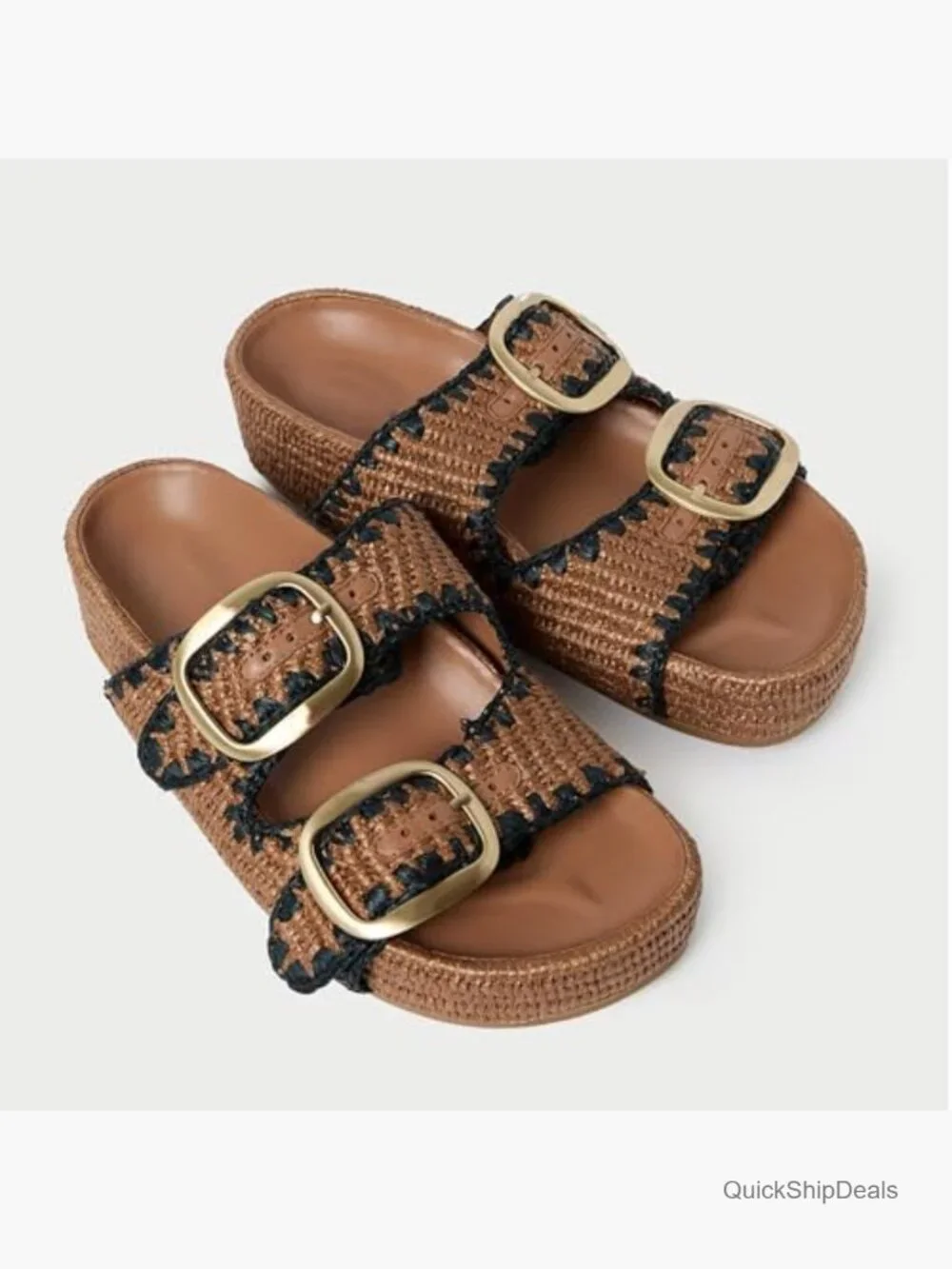 Woven Double-Buckle Espadrille Slide in Brown and Black Trim